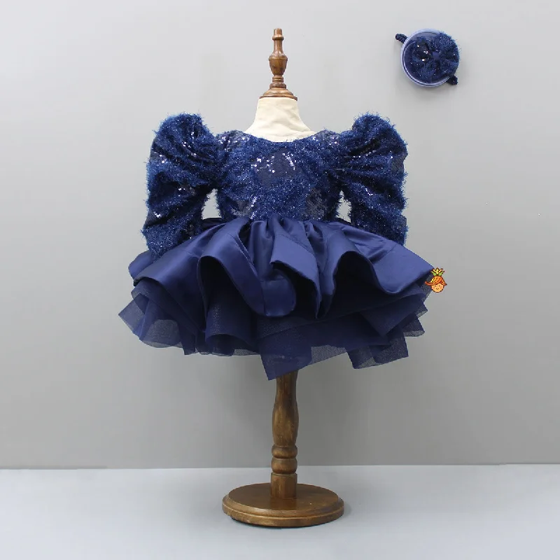 Pre Order: Stylish Sleeves Exquisite Blue Dress With Head Band