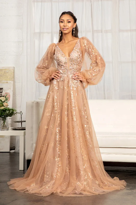 Puff Sleeve Glitter Print Gown by Elizabeth K GL3001