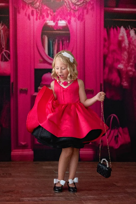 Reversible "Dolly" Pink/Black  Petal  Length Dress + Detach puff sleeves  (5 year- 6 year)