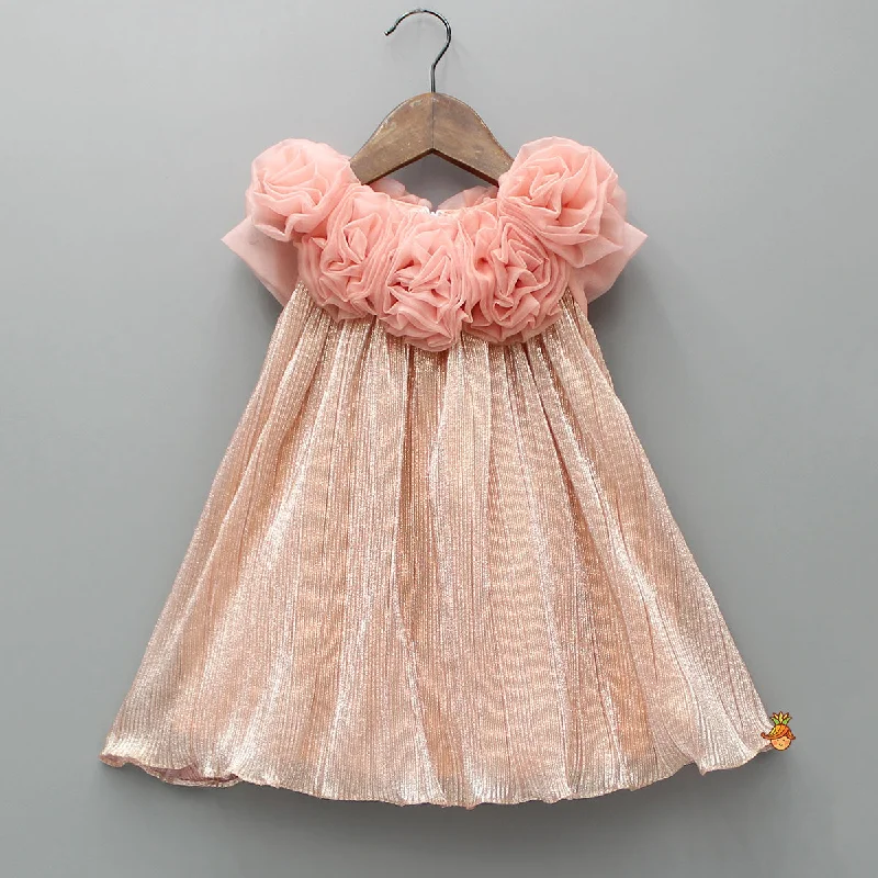 Shimmery And Ruffle Frilled Rose Flowers Adorned Dress