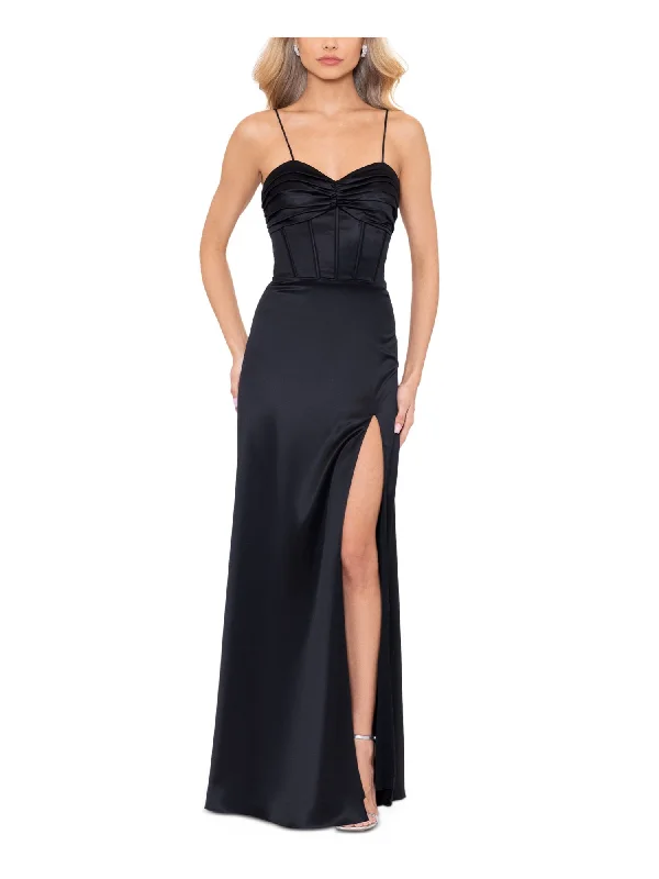 BLONDIE NITES Womens Black Pleated Zippered Boning Padded Open Lace Up Back Spaghetti Strap Sweetheart Neckline Full-Length Formal A-Line Dress