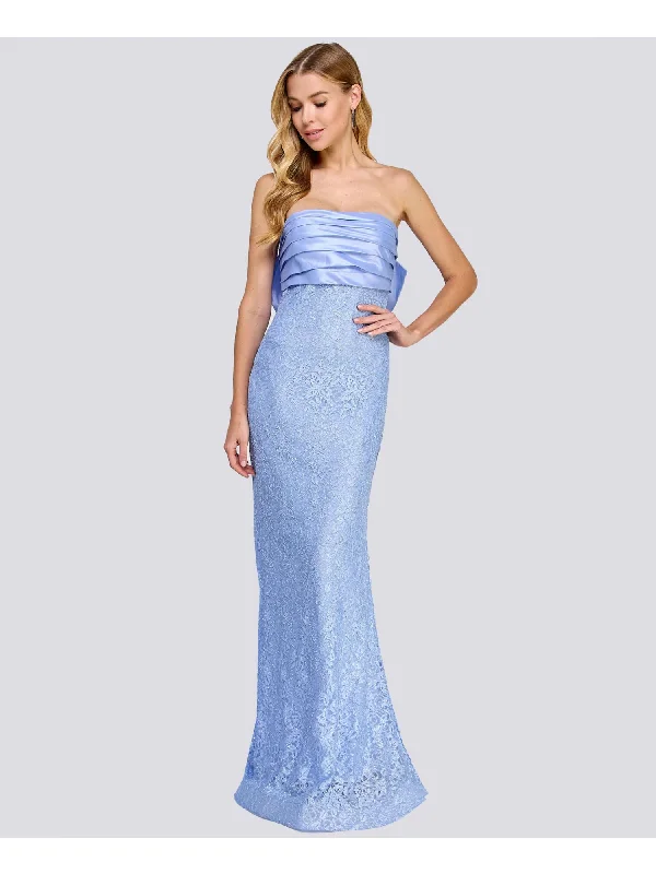 CITY STUDIO Womens Light Blue Lined Lace Glitter Zippered Bow Accent Plea Sleeveless Strapless Full-Length Formal Gown Dress