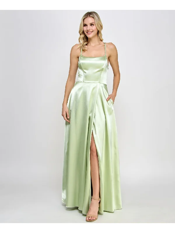 SPEECHLESS Womens Green Zippered Slitted Lined Lace Up Back Sheen Spaghetti Strap Square Neck Full-Length Formal Gown Dress