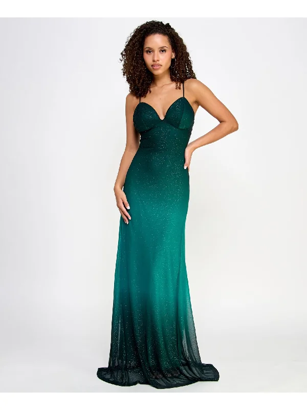 VIOLET WEEKEND Womens Green Zippered Lined Lace-up Open Back Ombre Spaghetti Strap V Neck Full-Length Prom Gown Dress