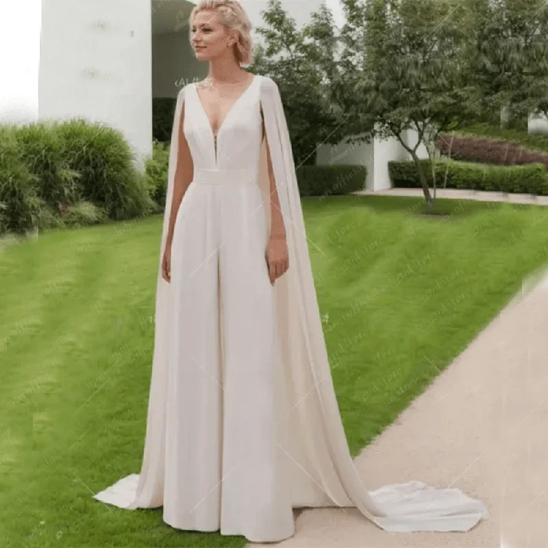 Chic & Sexy Custom Ivory Wedding Jumpsuit with Cape - V-Neck Bridal Pantsuit