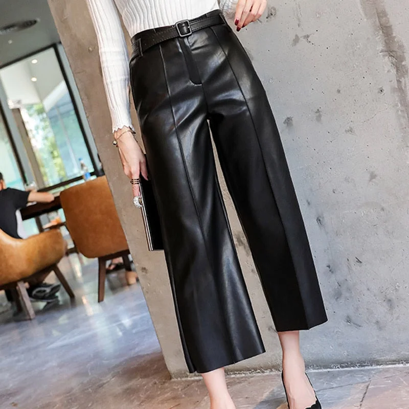 Leather Pants Women With Belt High Waisted