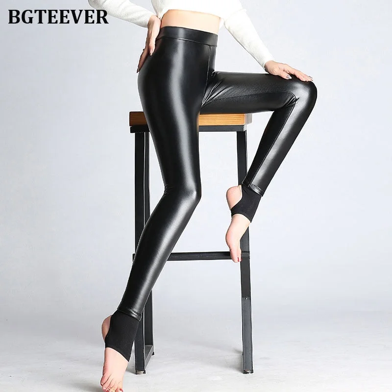 Leather Women Velvet Pants Warm Stretch