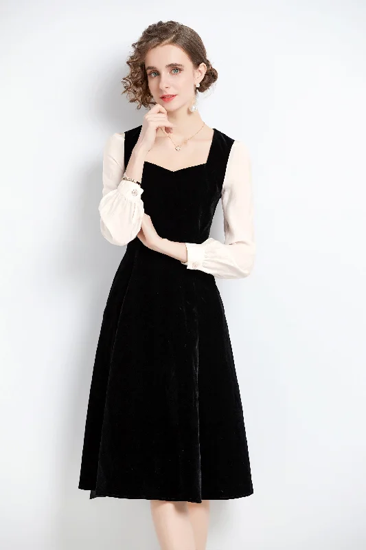 Black & White Office A-line Sweetheart Neck Long Sleeve Knee Dress