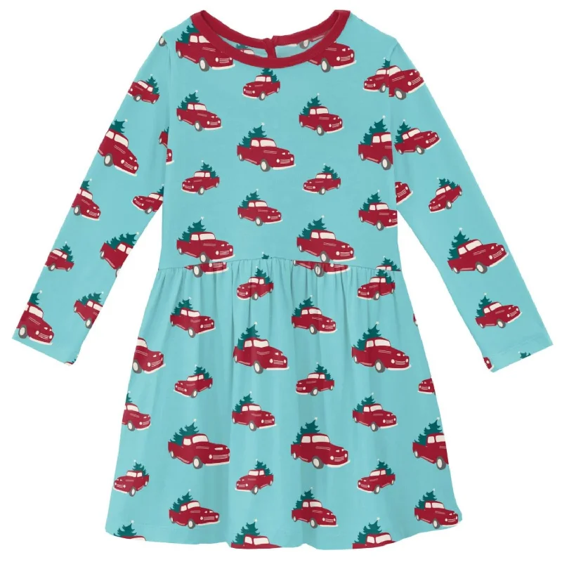 Girls' Bamboo Print Long Sleeve Twirl Dress In Iceberg Trucks And Trees