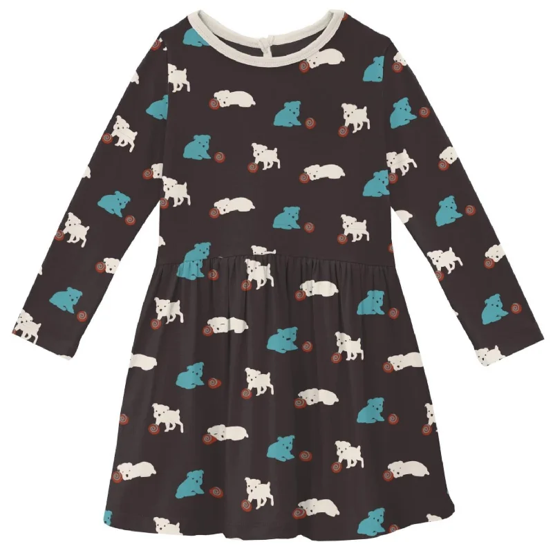 Girl's Bamboo Print Long Sleeve Twirl Dress In Midnight Puppy