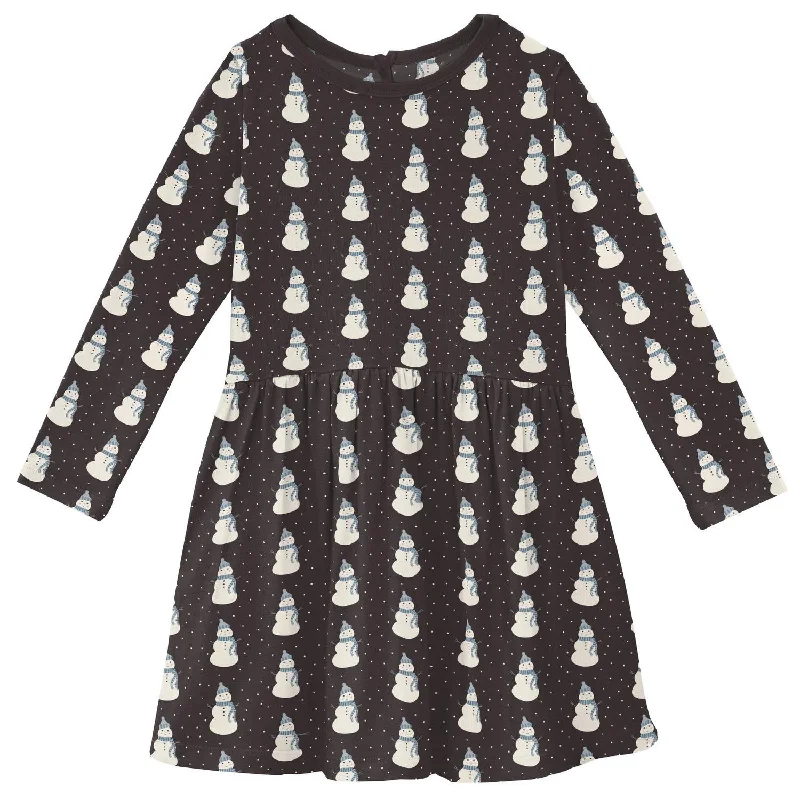 Girls' Bamboo Print Long Sleeve Twirl Dress In Midnight Tiny Snowman