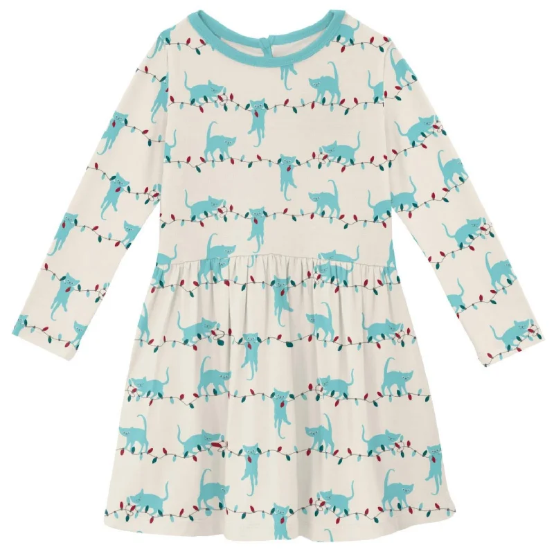 Girls' Bamboo Print Long Sleeve Twirl Dress In Natural Tangled Kittens