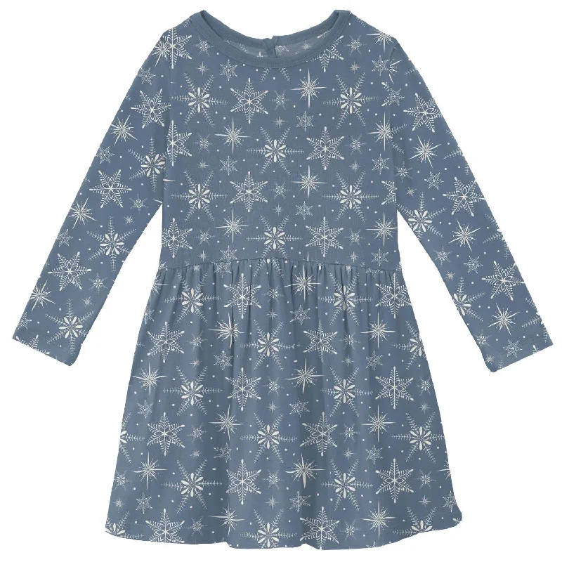 Girls' Bamboo Print Long Sleeve Twirl Dress In Parisian Blue Snowflakes