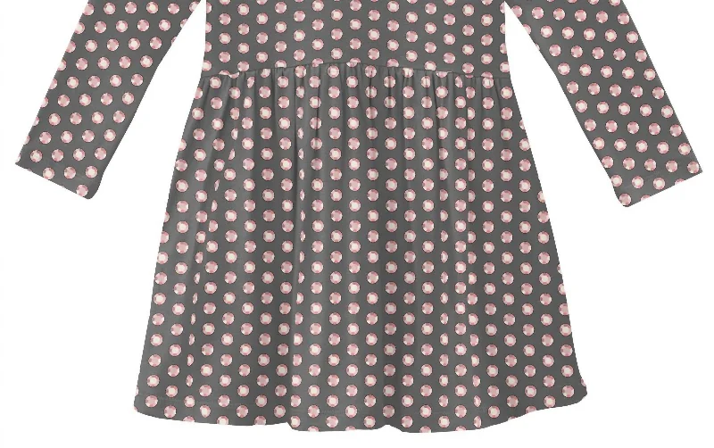 Girls' Bamboo Print Long Sleeve Twirl Dress In Pewter Sparkle