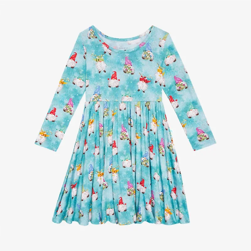 Girl's Gnomey Long Sleeve Twirl Dress In Blue