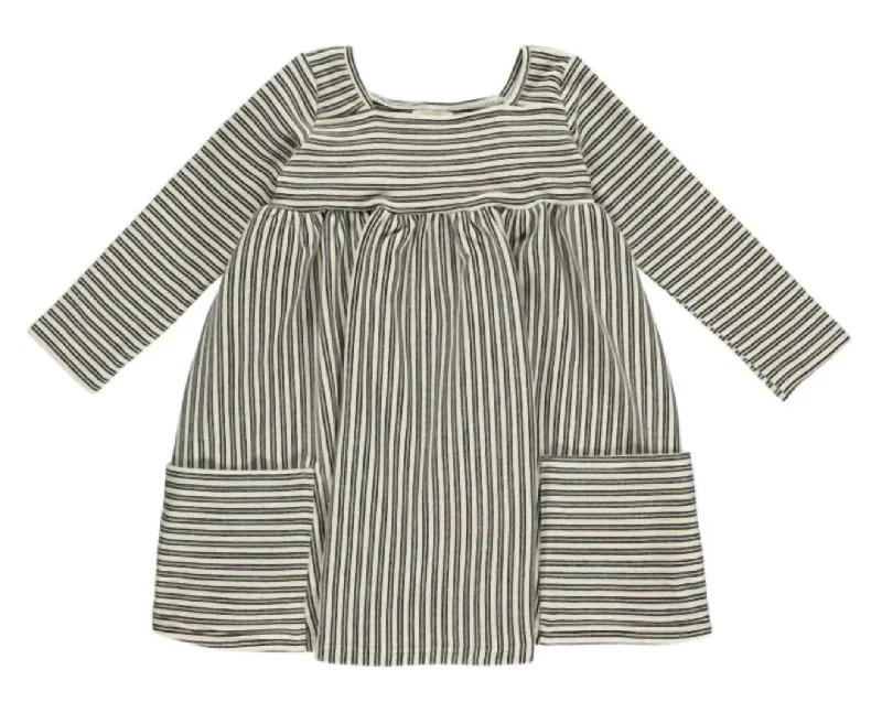 Girl's Long Sleeve Rylie Dress In Black And White Stripe