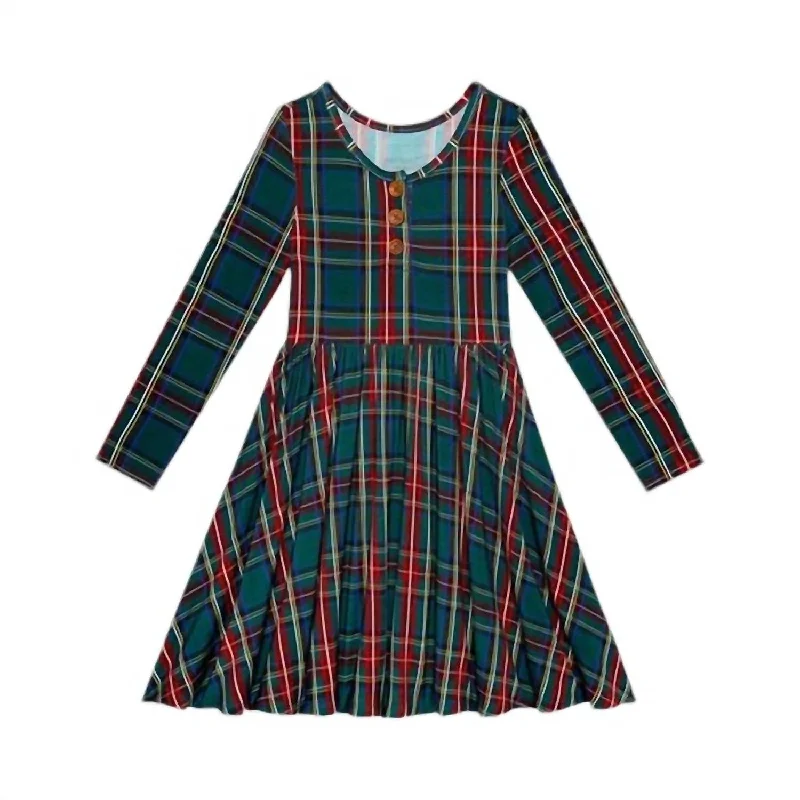 Girl's Plaid Long Sleeve Henley Twirl Dress In Tartan