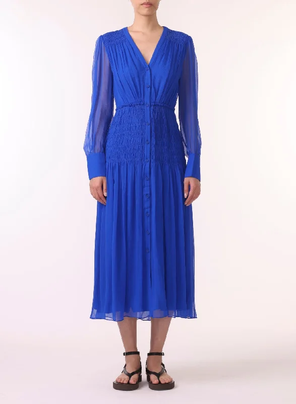 Long Sleeve V-neck Chiffon Dress W/smocking Detail