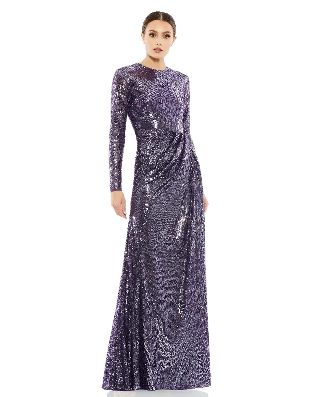 Sequined High Neck Long Sleeve Draped Gown