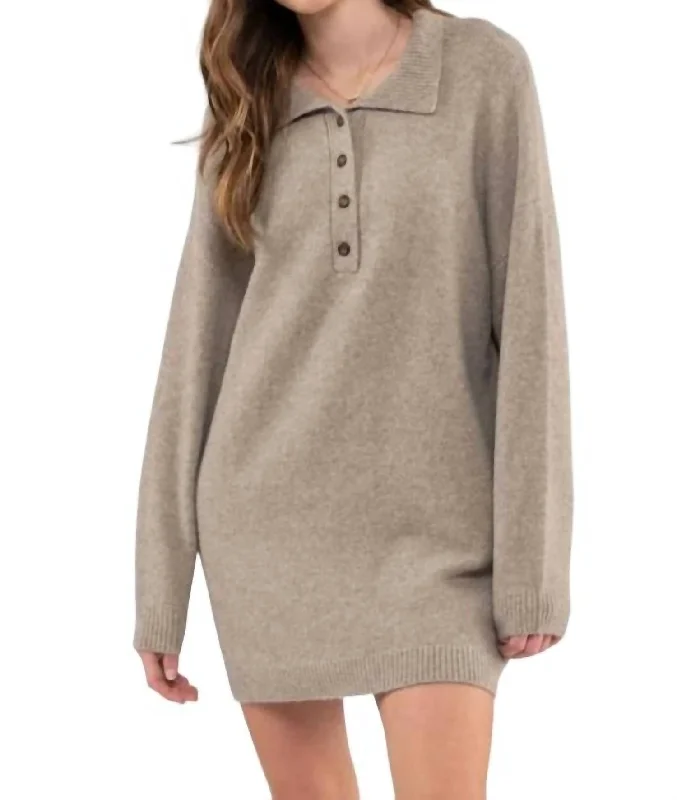 Collared Drop Shoulder Sweater Dress In Taupe