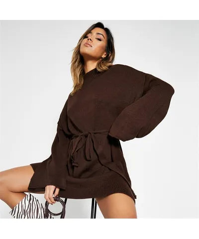 Funnel Neck Belted Sweater Dress Brown