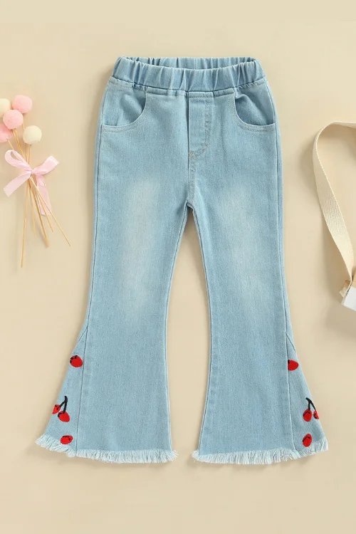 Girls Kids Denim Pants Cherry Embroidered Elastic Waistband Flare Jeans with Pockets