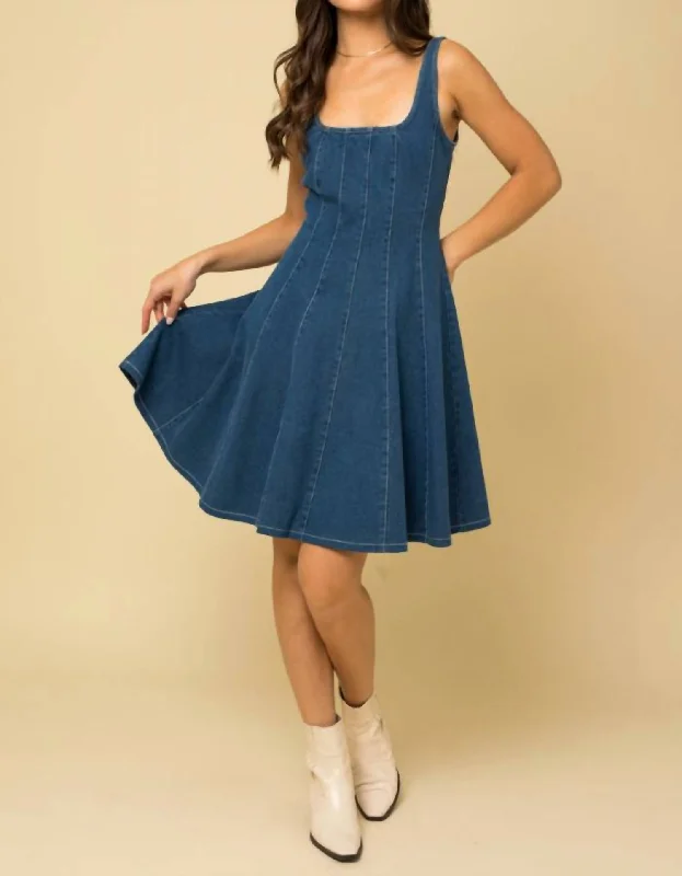 Sleeveless Square Neck Corset Dress In Denim