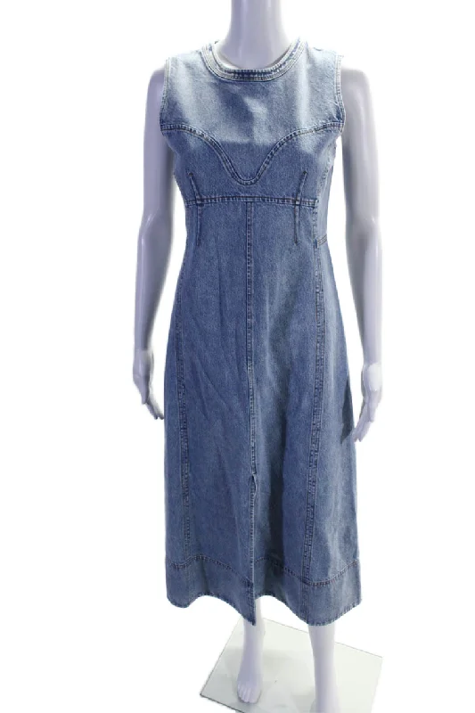 Tanya Taylor Womens Denim Sleeveless Front Slit A Line Marion Dress Blue