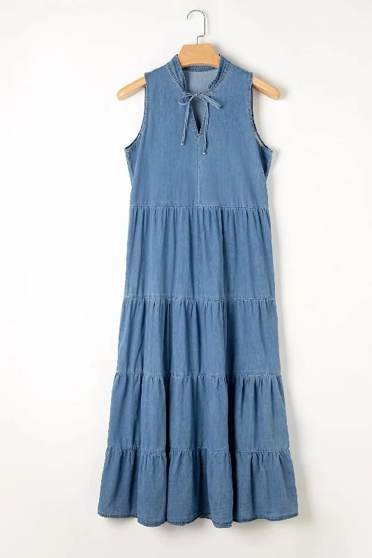 Tie Neck Denim Dress In Light Wash