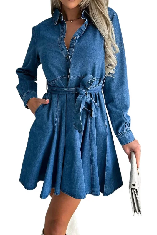 Tied Half Button Long Sleeve Denim Dress In Dusty Blue