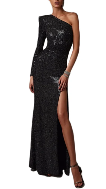 Milla Hera Asymmetrical Sequin Gown in Black