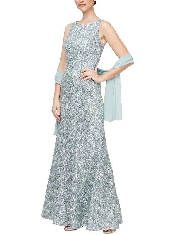 Petites Womens Sequined Sleeveless Evening Dress