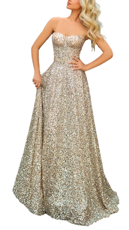 Tarik Ediz Nina Sequined Flared Gown in Silver