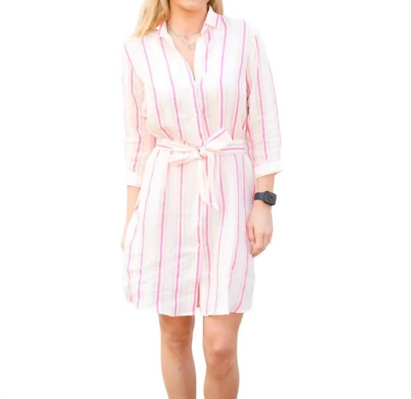 Dover Linen Shirtdress In Pink Neon Stripes