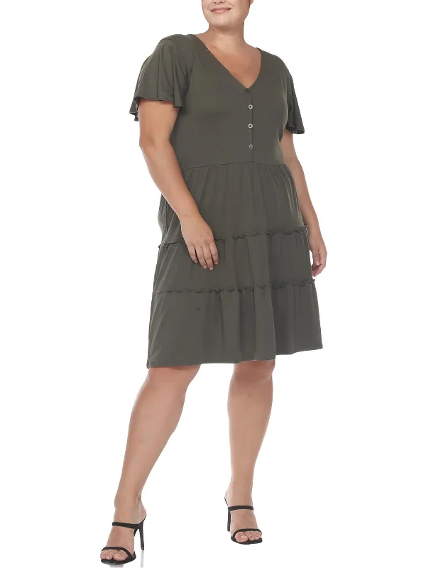 Plus Womens Tiered Jersey Shirtdress