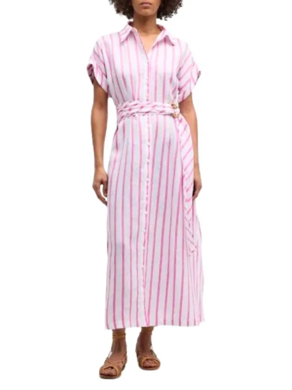 Stripe Smithy Sash Waist Shirt Dress In White/pink