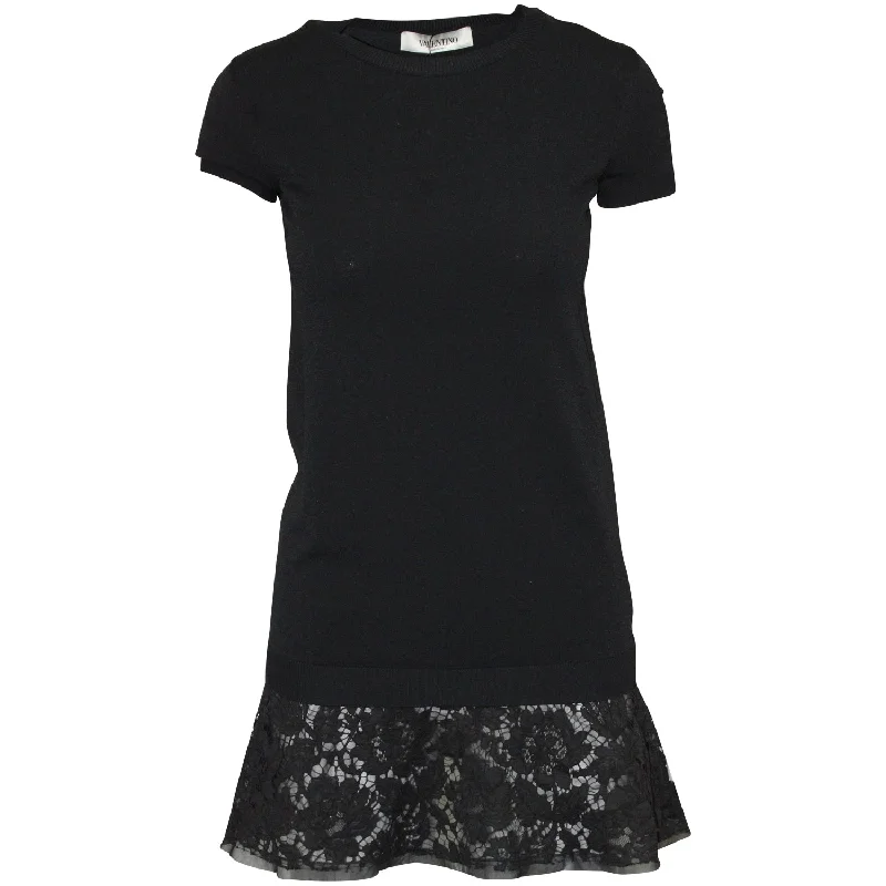 Valentino Fluted Laced Hem T-shirt Dress in Black Cotton